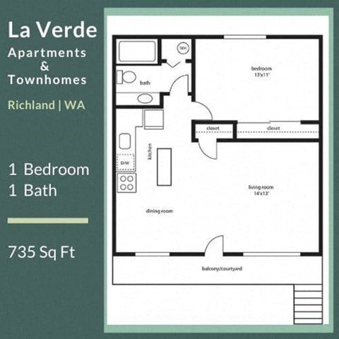 Floor plan for 1 bed, 1 bath, 735 sqft